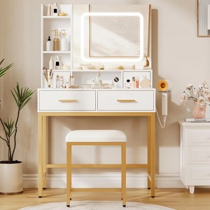Makeup Vanity Desk with Mirror and Lights 3 Colors, Dressing Table with Chair, Makeup Table Set with 4 Drawers, Power Outlet & Storage Shelves - 1 of 4