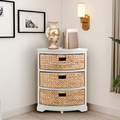Pink 3-Tier Corner Table with Natural Wicker Baskets