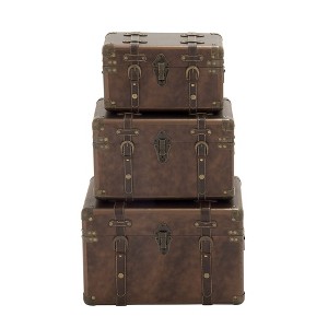 Set of 3 Traditional Faux Leather and Wood Storage Case Trunks Brown - Olivia & May - 1 of 4