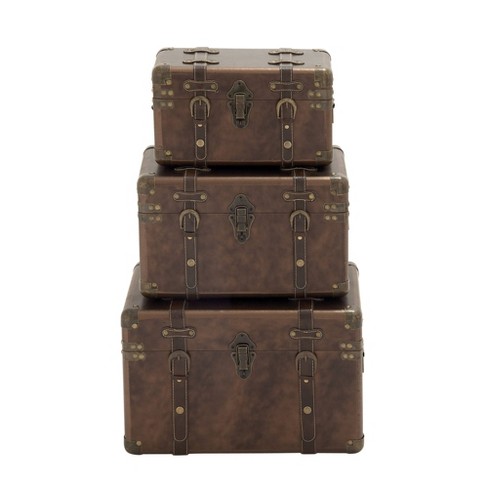 Set Of 3 Traditional Faux Leather And Wood Storage Case Trunks