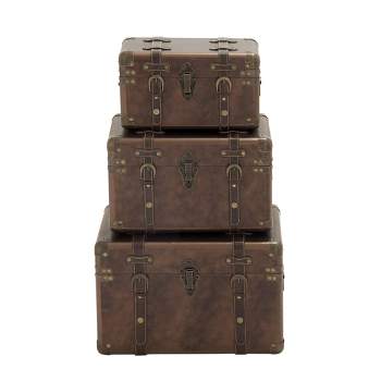 Set of 3 Traditional Faux Leather and Wood Storage Case Trunks Brown - Olivia & May