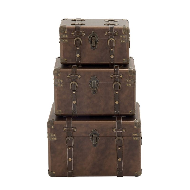 Set of 3 Traditional Faux Leather and Wood Storage Case Trunks Brown - Olivia &#38; May, 1 of 14