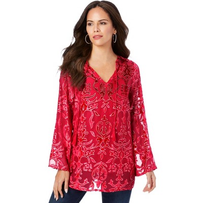 Roaman's Women's Plus Size Embellished Burnout Tunic - 26 W, Red : Target