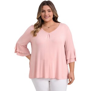 GRACE & GRANDEUR Women's Plus Size Pleated Front V Neck Double Layered 3/4 Ruffle Sleeve Casual Blouses - 1 of 4