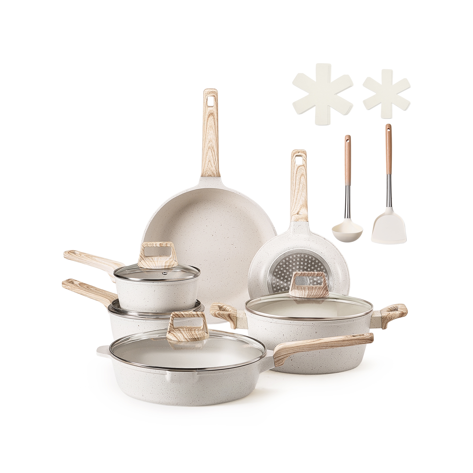 VEVOR 17 Piece Pots and Pans Set, Granite Nonstick Cookware Set, Induction Cookwares, Kitchen RV Cooking Sets with Frying, Sauce, Saute, White