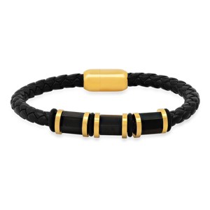 Steeltime Men's black braided leather, 18k gold plated beads and black simulated onyx bracelet - 1 of 4