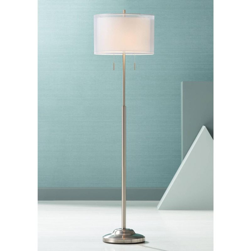 Possini Euro Design Roxie Modern Floor Lamp Standing 65 1/2" Tall Brushed Nickel Sheer Linen Double Drum Shade for Living Room Bedroom Office House, 3 of 11