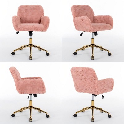 Pink Faux Fur Swivel Office Chair with Gold Metal Base