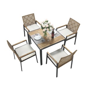 TiramisuBest All Weather 5-Piece Patio Dining Table Sets,Patio Conversation Set Acacia Wood Table Top with Umbrella Hole,Rattan Outdoor,Coffee Brown - 1 of 4