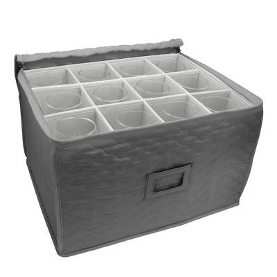 Gray Quilted Fabric Lidded Stemware Storage Box with Dividers
