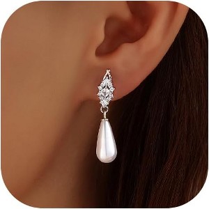 Pearl Earrings,14k Gold Plated Trendy Diamond Pearl Drop Earrings Bridal Shower Gifts Wedding jewelry for Women - 1 of 4