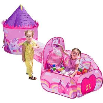 Syncfun Girls Unicorn Princess Pink Castle Play Tent with Pop Up Play Tent, Tunnel and Playhouse with Ball Pit for Kids Indoor Outdoor Play
