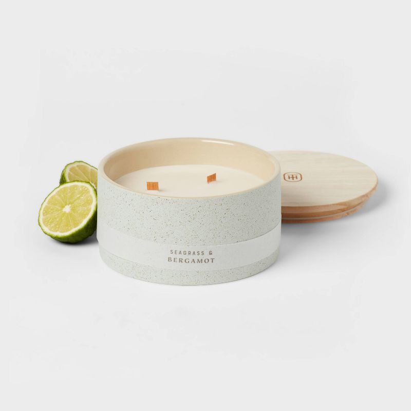 3-Wick 14oz Matte Textured Ceramic Wooden Wick Candle Blue/Seagrass and Bergamot - Threshold&#8482;, 4 of 5