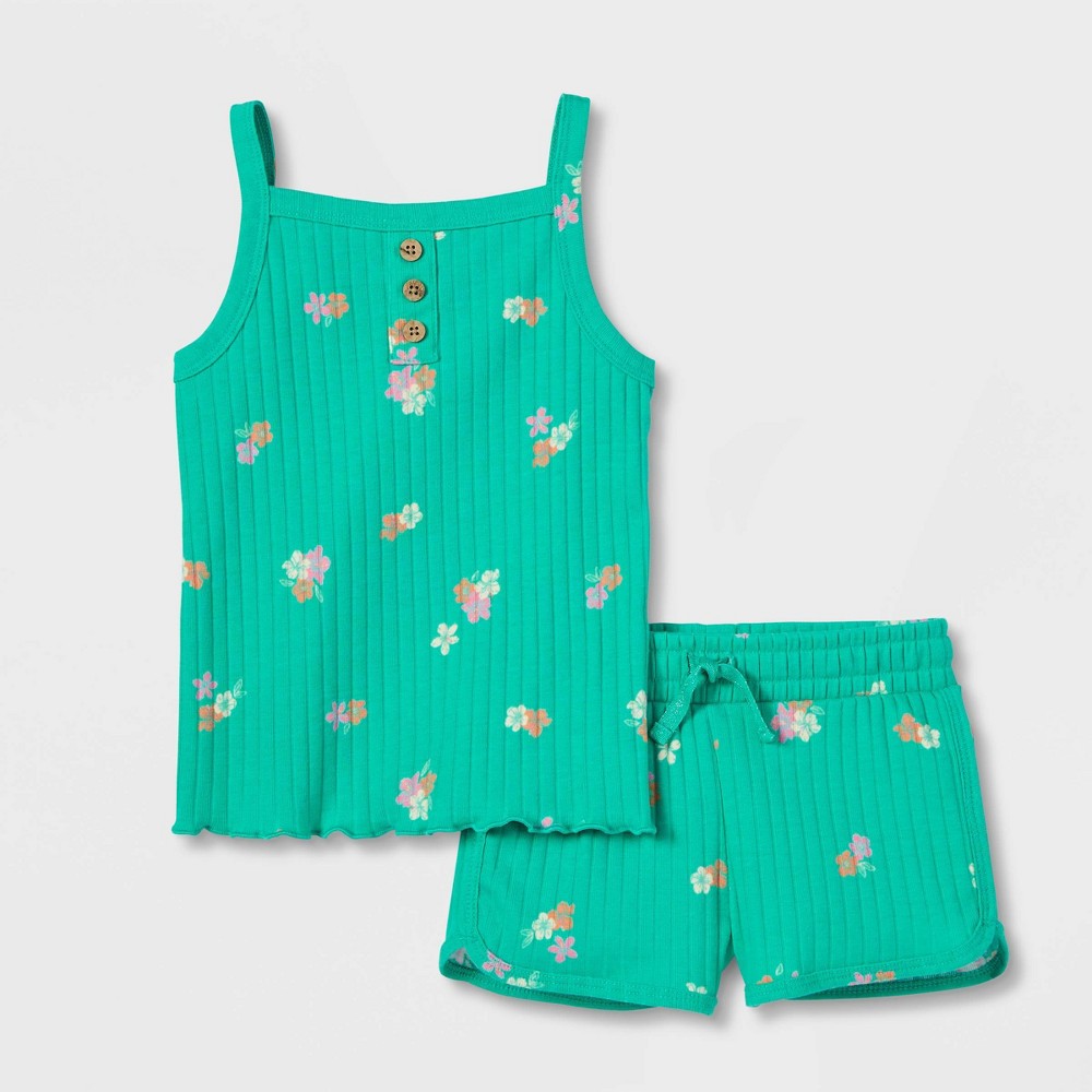 Toddler Size 3T Girls' Floral Ribbed Tank Top and Shorts Set - Cat & Jack Dark Mint 3T
