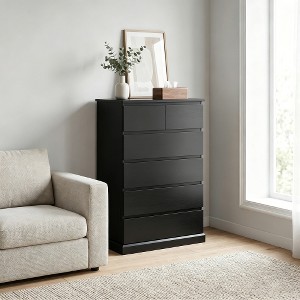 modern black tall dresser 6-Drawer Tall Dresser, Modern Wood Chest of Drawers with Concealed Handles  for Bedroom, Living Room or Entryway, Black