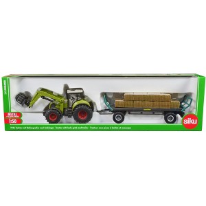 Claas Tractor with Square Bale Grab Green and Oehler Bale Trailer with 12 Hay Bales 1/50 Diecast Model by Siku - 1 of 3