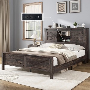 AMERLIFE Farmhouse Bed Frame, Storage Headboard, Charging Ports, No Box Spring - 1 of 4