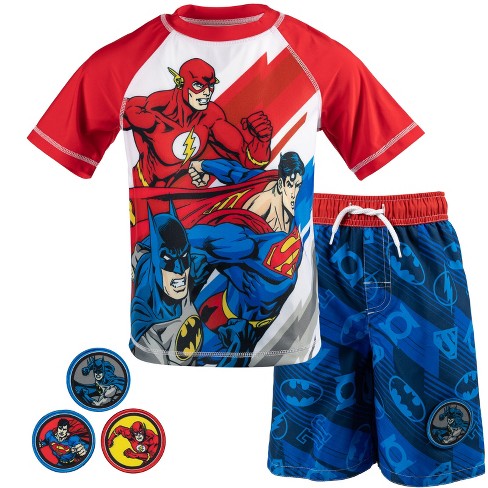DC Comics Justice League Batman Superman The Flash Little Boys Rash Guard  Swim Trunks with Removable Patches White / blue 5-6