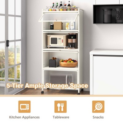 White 5-Tier Metal Kitchen Baker's Rack with Flip-Up Doors