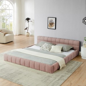Queen Wood Bed with Upholstered Headboard, Soft Chenille Fabric Grounded King Size Platform Bed, Solid Wood Frame Bed-Baofuwish - 1 of 4