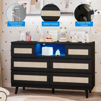 Rattan Dresser for Bedroom with 6 Drawers, Natural Wood Durable Dressers & Chests of Drawers with LED Light and Charging Station, TV Stand