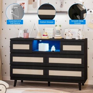 Rattan Dresser for Bedroom with 6 Drawers, Natural Wood Durable Dressers & Chests of Drawers with LED Light and Charging Station, TV Stand - 1 of 4