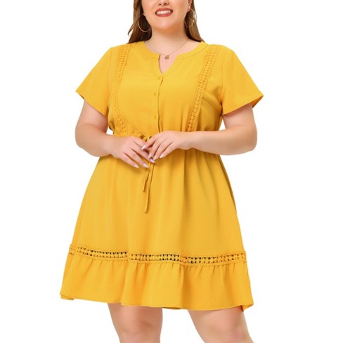 Agnes Orinda Women's Plus Size Elegant Short Sleeve Tie Waist Ruffle Hem at  Kness Shirt Dresses Yellow 2X