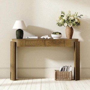 Mshliw Entryway Console Table with Fluted Legs, Dining Table, Oval Top and 2 Drawers, Solid Wood Grain Accent Table for Living Room or Hallway - 1 of 4