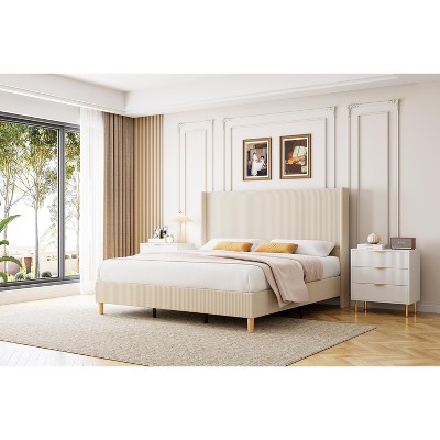 Bed Frame, Corduroy Upholstered Queen Bed Frame with Wingback Headboard, No Box Spring Needed, Solid Wooden Slats, Noise Free