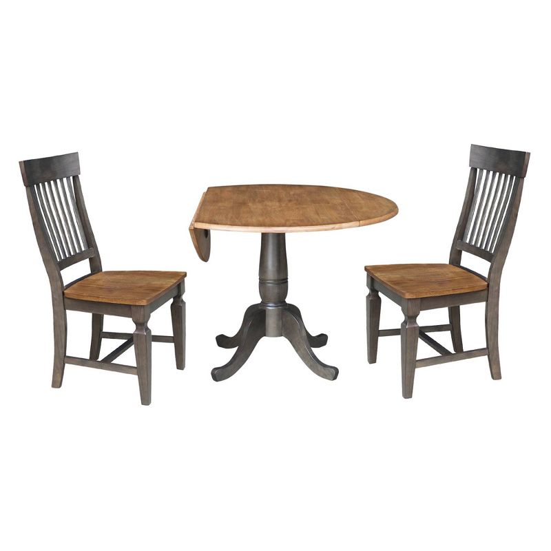 3pc 42&#34; Round Dual Drop Leaf Dining Table with 2 Slat Back Chairs Hickory/Washed Coal - International Concepts, 3 of 11