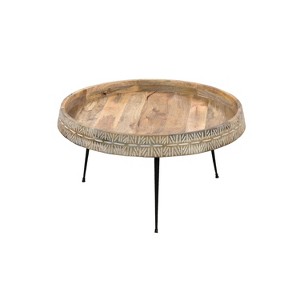 The Urban Port 29" Modern Handcrafted Round Coffee Table Natural Brown Wood Top with Carved Edge Black Iron Legs Brown/Black - 1 of 4
