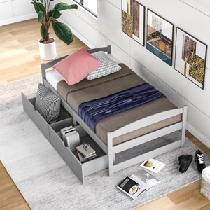 RISOKEYS Twin Size Simple Platform Bed,Bedroom Storage Wooden Frame with Wheels and Slat Support,No Box Spring Needed,for Adult Boy Girl Teen - 1 of 4