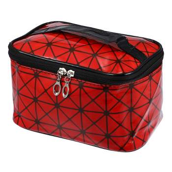 Unique Bargains Rhombus Pattern Red Makeup Bag with Mirror Cosmetic Travel Bag for Women 1 Pcs