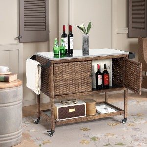 Ridstar 39.37 in. W Rolling Rattan Kitchen Island Cart with Wheels & Glass Top-Brown - 1 of 4