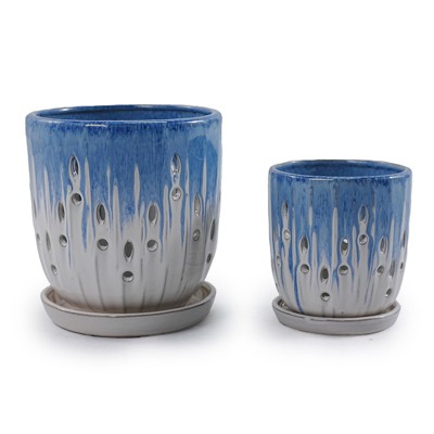 VisioGear 2PCS Ceramic Flowerpot with Drainage Hole, 8" Modern Planter for Patio, Garden, Windowsill, White&Blue, 7.49"*7.49"*8.08"