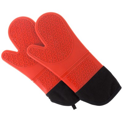 Silicone Oven Mitts - Extra Long Professional Quality Heat Resistant with Quilted Lining and 2-sided Textured Grip - 1 pair Red by Hastings Home