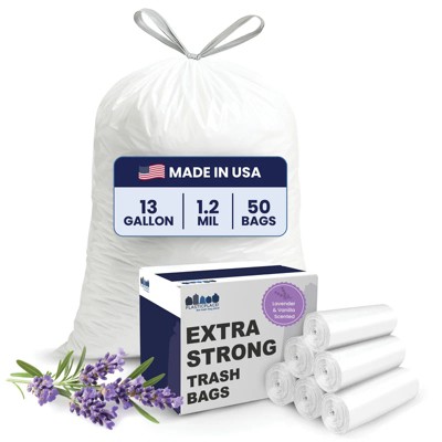 Plasticplace Scented Drawstring Trash Bags, Lavender and Soft Vanilla, 13 Gallon, White (50 Count)