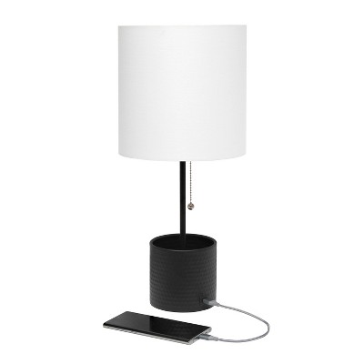 Black Hammered Metal Table Lamp with USB Port and White Shade