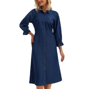 INSPIRE CHIC Women's Denim Midi Casual Ruffle Long Sleeve Jean Button Down Shirt Dress - 1 of 4