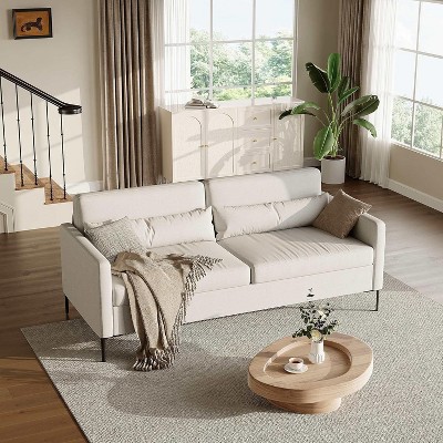 80in Comfy Couch, 3 Seater Sofa with Metal Legs, Deep Seat Sofa with Beige Linen Fabric Modern Sofa Couch for Living Room, Apparment, Office