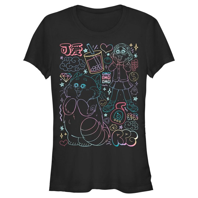 Juniors Womens Turning Red Neon Doodles Mei Lee T-Shirt, 1 of 5