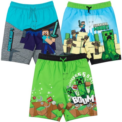 Minecraft Creeper Mobs Steve Big Boys 3 Pack Swim Trunks Bathing Suits  Green 10-12 : Target