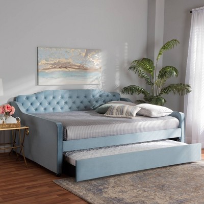 Light Blue Velvet Upholstered Tufted Full Daybed with Trundle