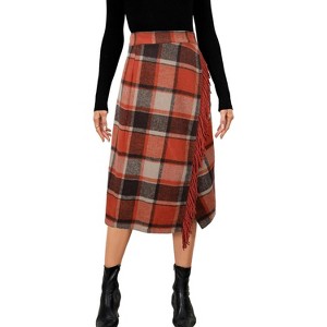 Women's Plaid Wool Midi Skirt - Fringed A-Line Wrap Style for Fall & Winter Orange - 1 of 4