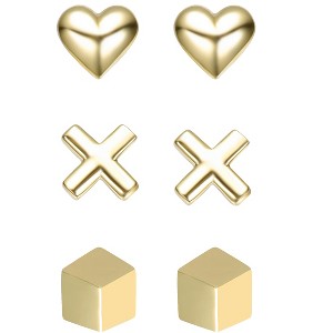 Guili 14K Gold Plated 3-Piece Stud Earrings Set with Heart, Cross, and Cube 3D Designs for a Bold, Modern Look Perfect for Everyday Wear and Layering - 1 of 2