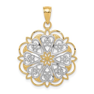 Black Bow Jewelry 14K Yellow Gold & White Rhodium Filigree Hearts Pendant, 25mm (1 inch)