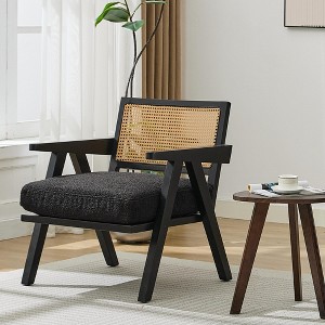 Comfortable Mid Century Modern Accent Chair, Rattan Backrest & Thick Linen Cushion, Wood Frame, Upholstered Living Room Chairs - 1 of 4