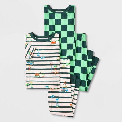 Toddler Boys' 4pc Checkered and Construction Ribbed Pajama Set - Cat & Jack™ Green 5T