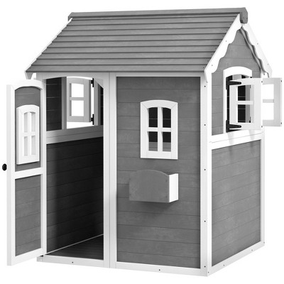 Gray and White Wooden Outdoor Playhouse with Planter Box