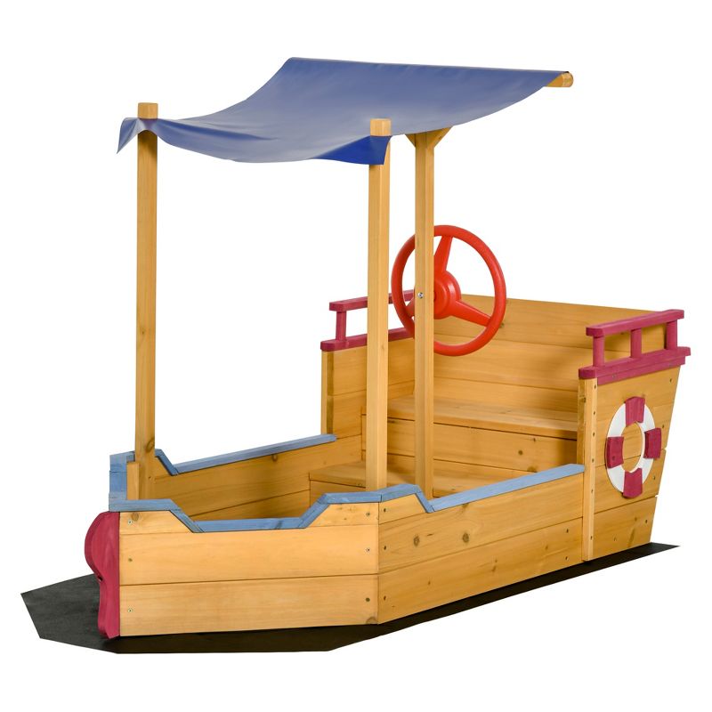 Outsunny Wooden Pirate Sandbox for Kids, Covered Children Sand boat Outdoor, w/ Storage Bench, Sun Protective Canopy Cover, Ages 3-8 Years Old, Orange, 4 of 7